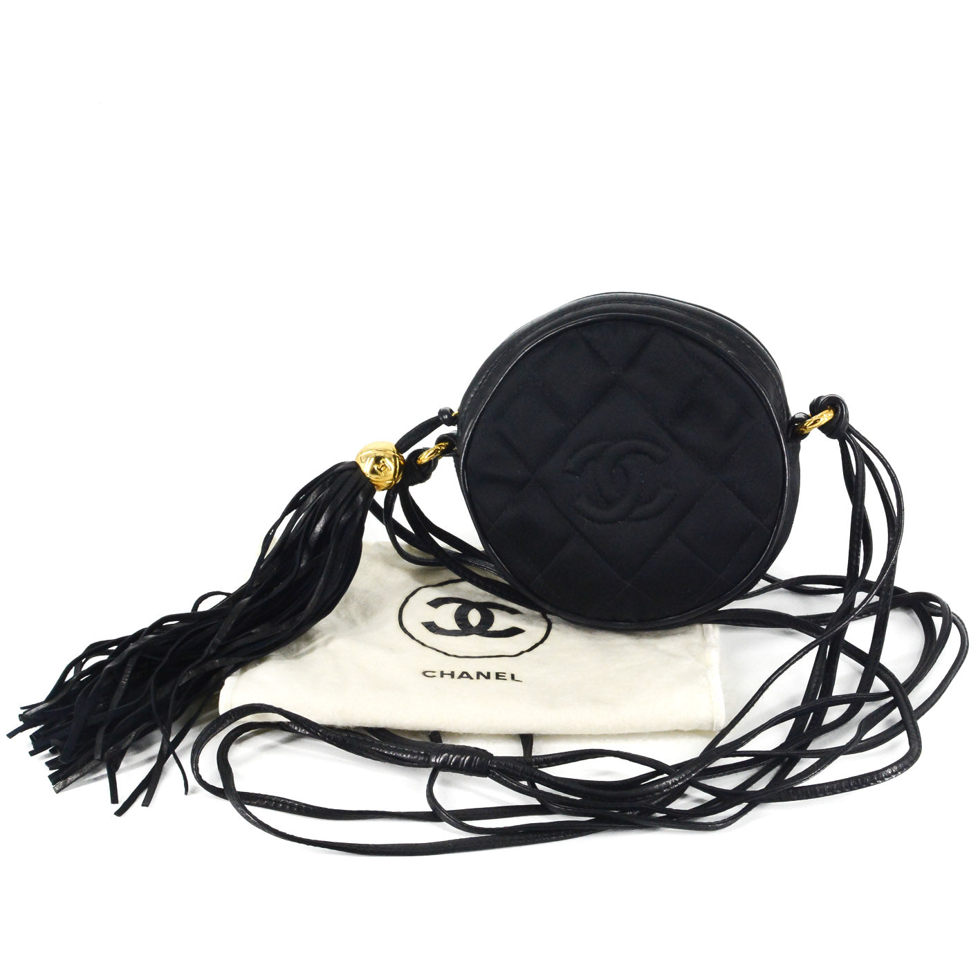 CHANEL Round Quilted Satin Mini Tassel Crossbody