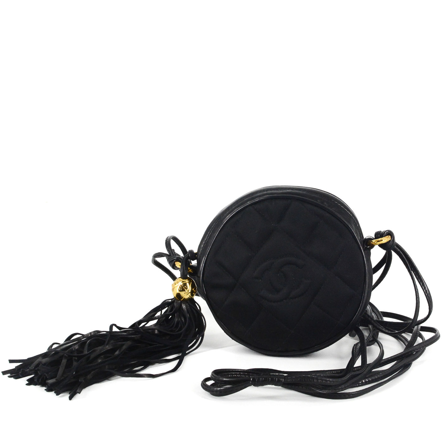 CHANEL Round Quilted Satin Mini Tassel Crossbody