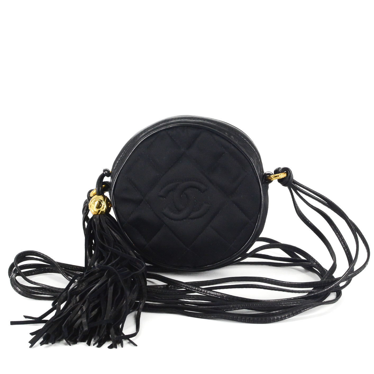 CHANEL Round Quilted Satin Mini Tassel Crossbody