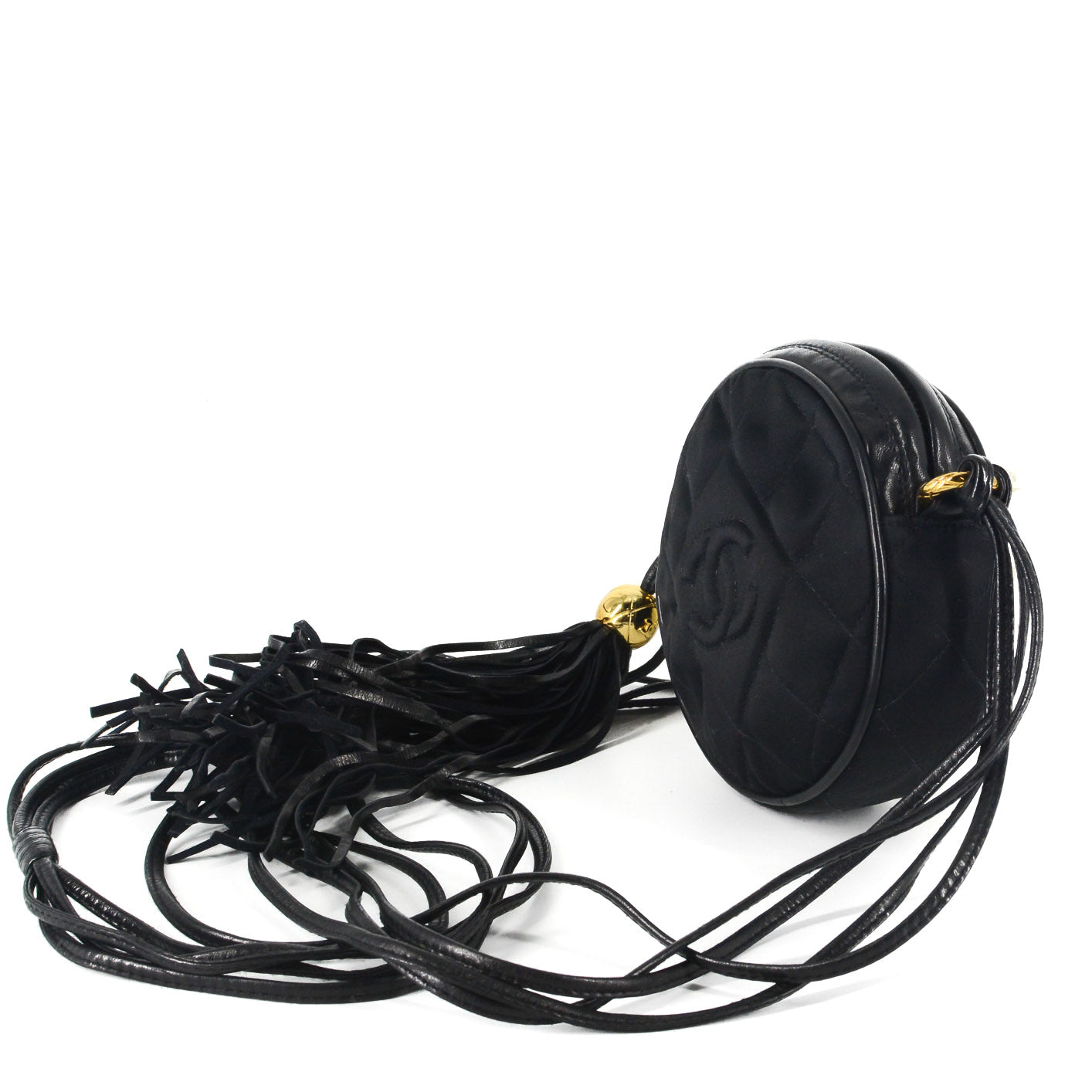 CHANEL Round Quilted Satin Mini Tassel Crossbody