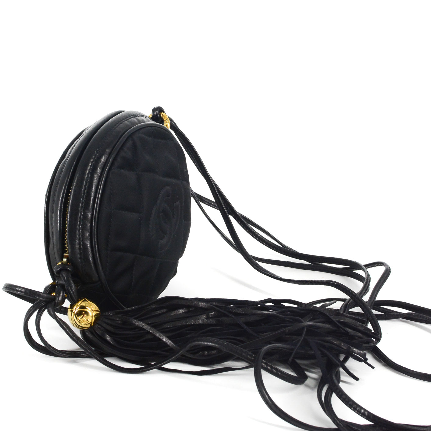 CHANEL Round Quilted Satin Mini Tassel Crossbody