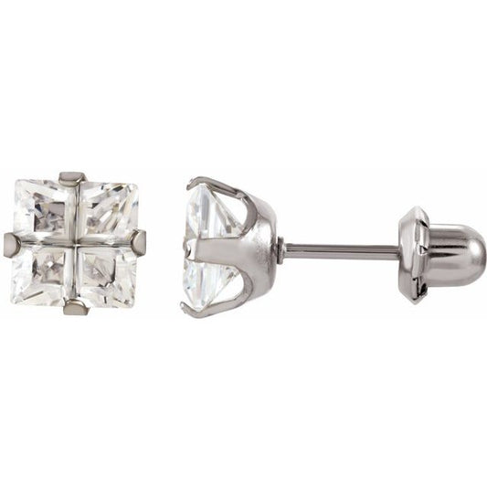 Stainless Steel 3.5 mm Square Imitation White Cubic Zirconia Piercing Stud Earrings