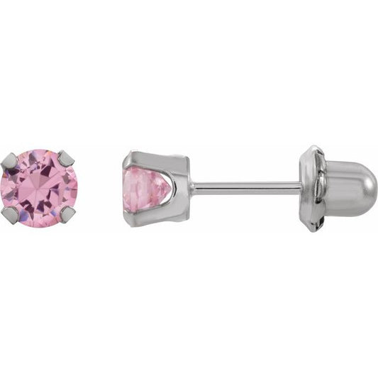 Rhodium-Plated 14K Yellow 5 mm Round Imitation Pink Cubic Zirconia Piercing Stud Earrings   