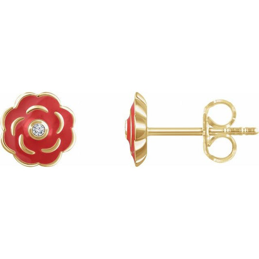10K Yellow .01 CTW Natural Diamond Enamel Flower Earrings